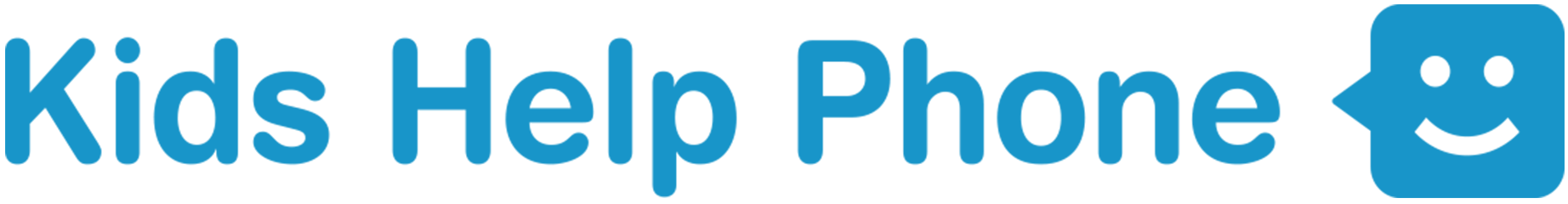 Blue rounded text saying "Kids Help Phone" is written next to a square text-bubble with a simple smiley face