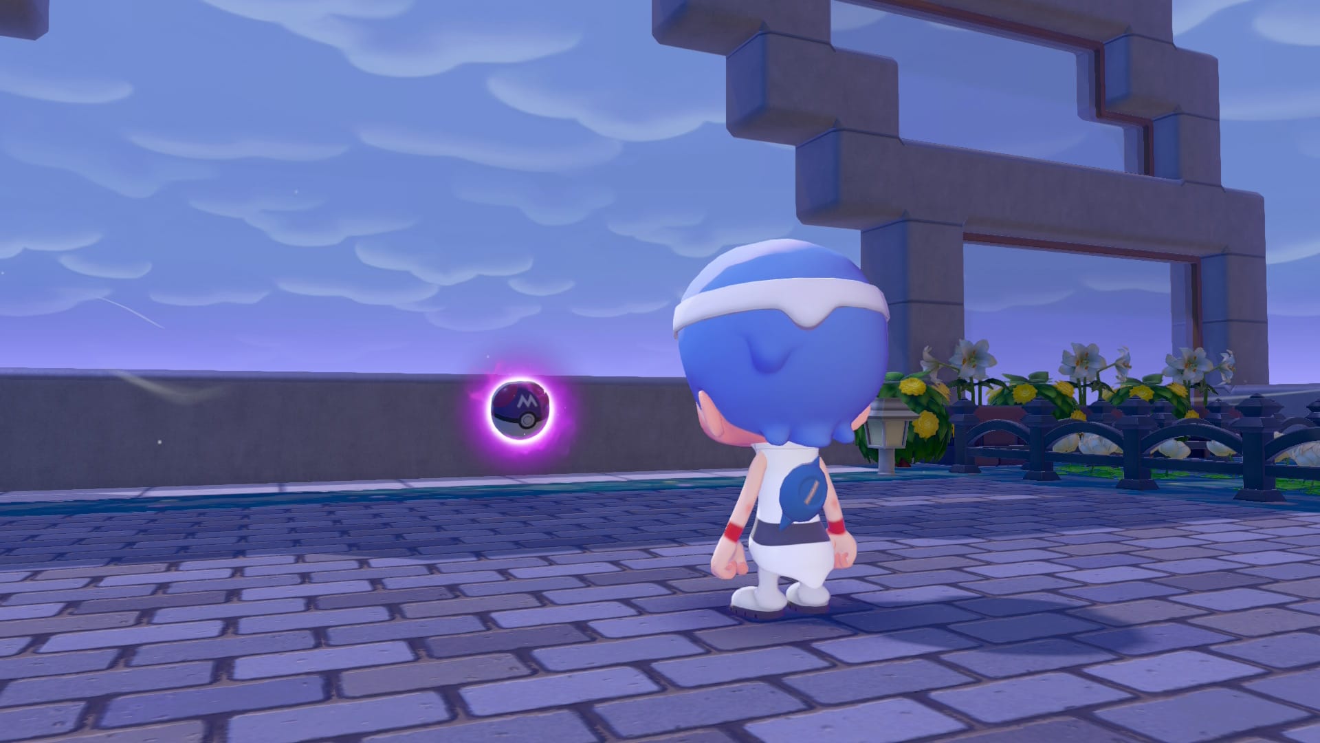The player character stands in a dark cloudy courtyard facing a glowing Master Ball
