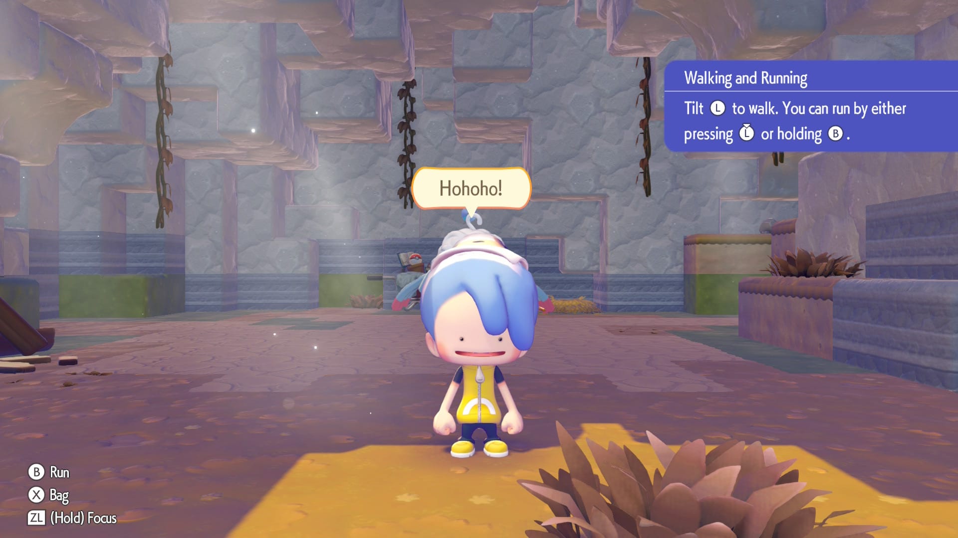 The player character stands in an empty cave with a speech bubble saying "Hohoho!"