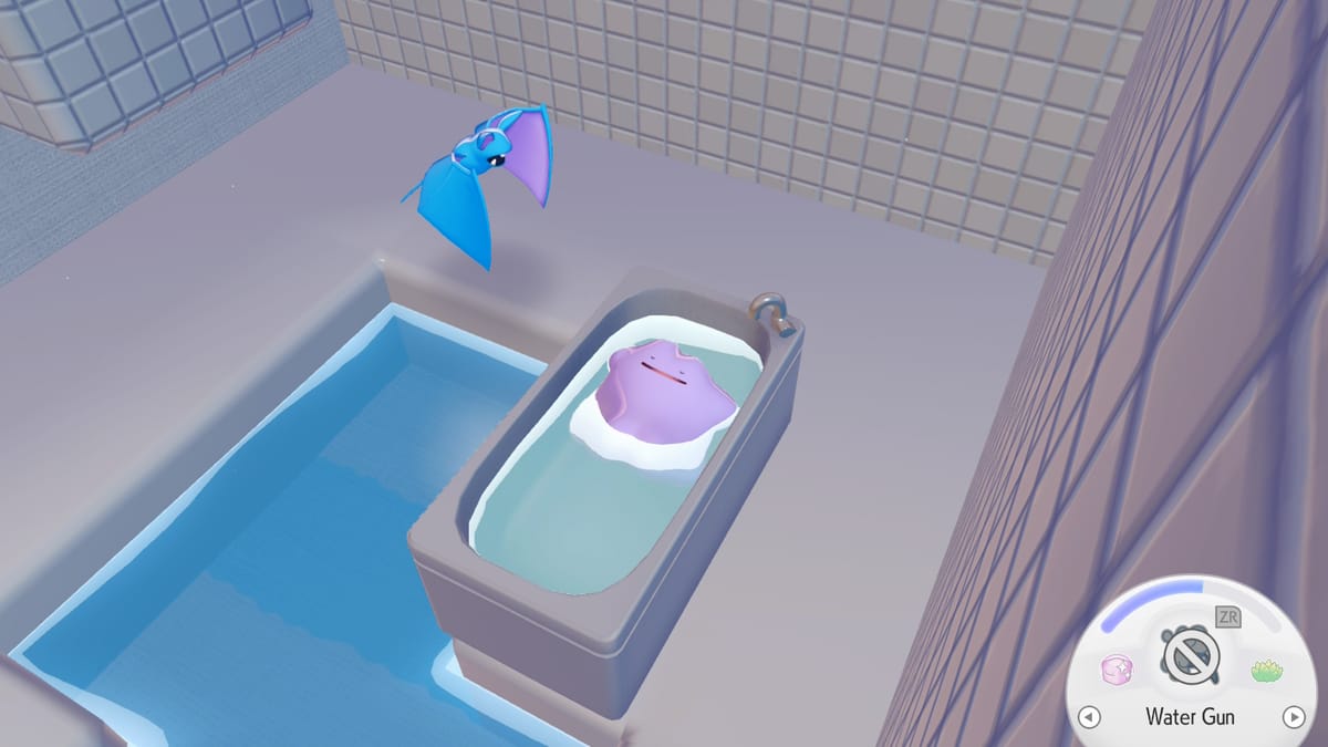 Ditto relaxes in a bathtub with Zubat watching from the side