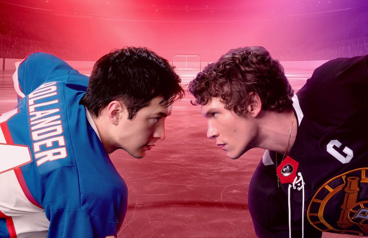 Shane Hollander (Hudson Williams) faces off against Ilya Rozanov (Connor Storrie) in the cover photo for Heated Rivalry